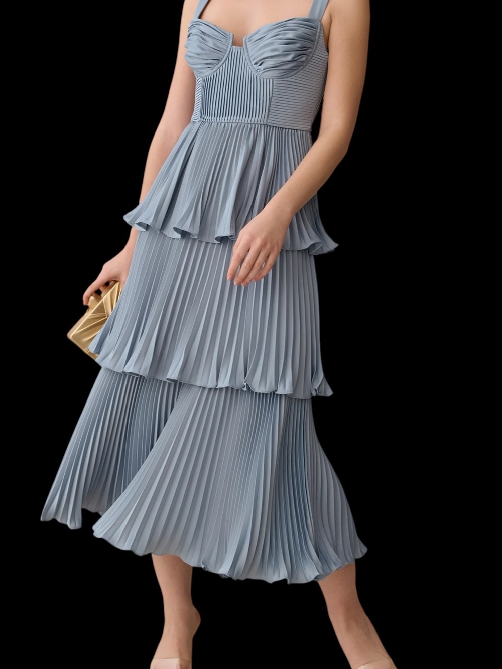 Few Moda o.p.t. Hyacinth Dress Pleated Tiered Midi Slate Blue NWT